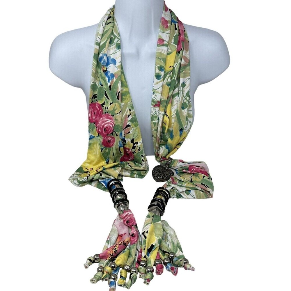 Peter Nygard Scarf Floral Print Beaded Fringed Heart Charm 60 Inch Pink Yellow